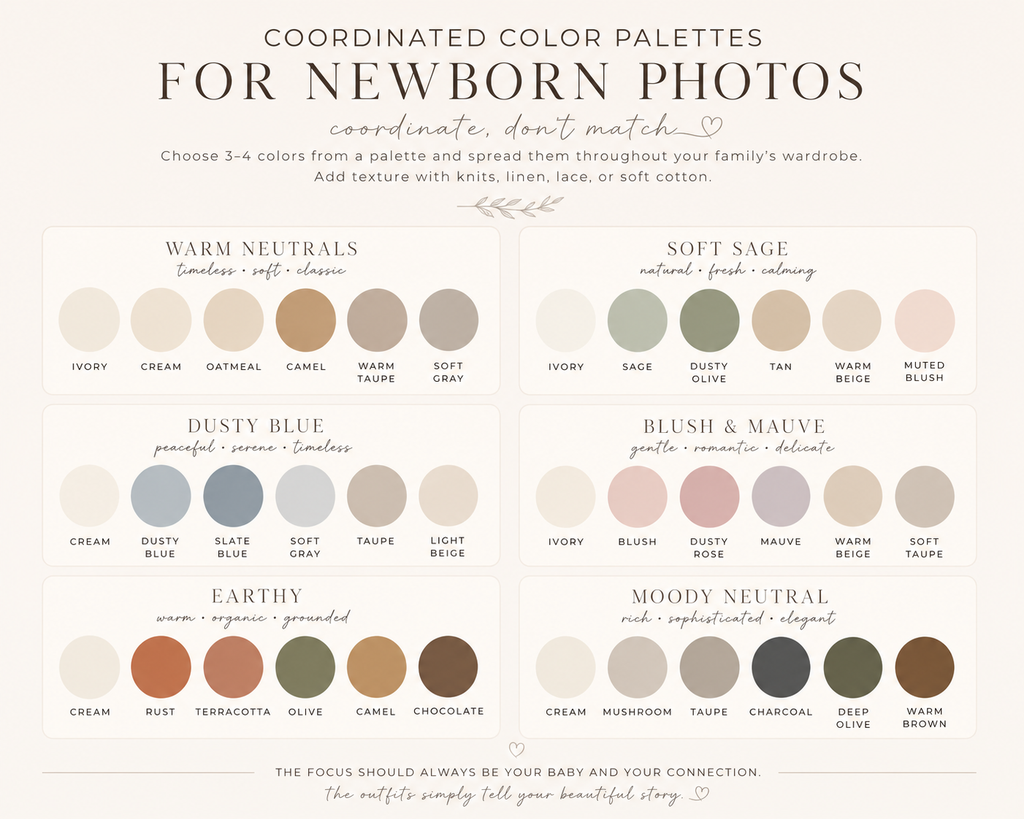 Color palette ideas for newborn photos including neutrals, sage, dusty blue, blush, earth tones and moody neutrals
