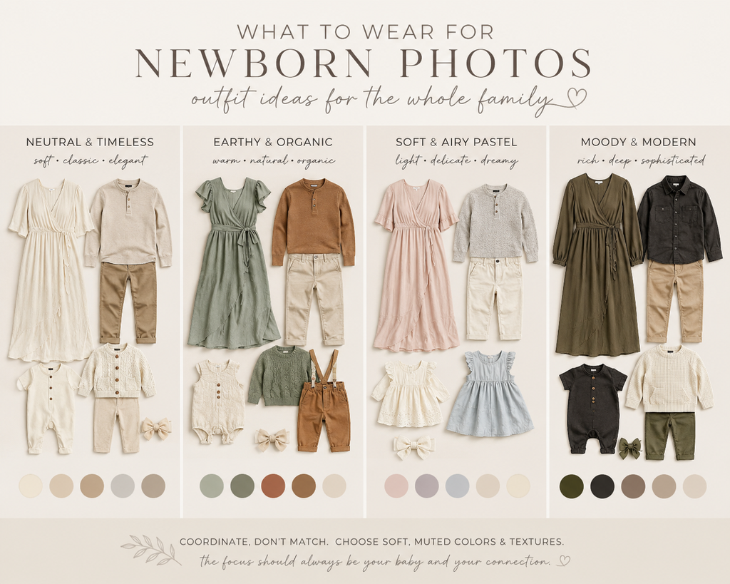 What to wear for newborn photos with coordinated outfit ideas for parents and siblings